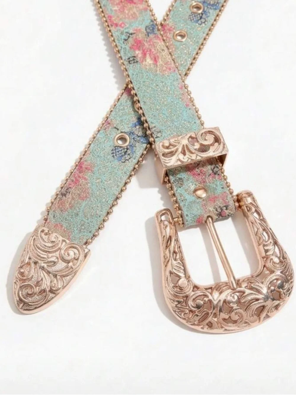 Gold-Tone Floral Embroidered Western Belt - Blue Multi
